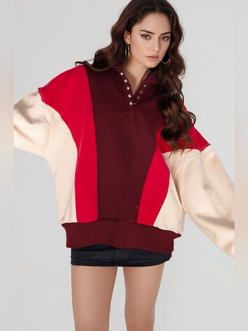 Color-Block Snap-Button Oversized Sweatshirt